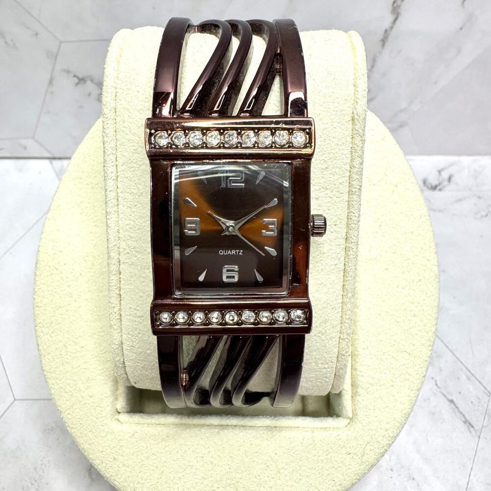 M.Z. Berger Women's Cuff Watch Quartz Rectangle Deep Copper Tone Rhinestones